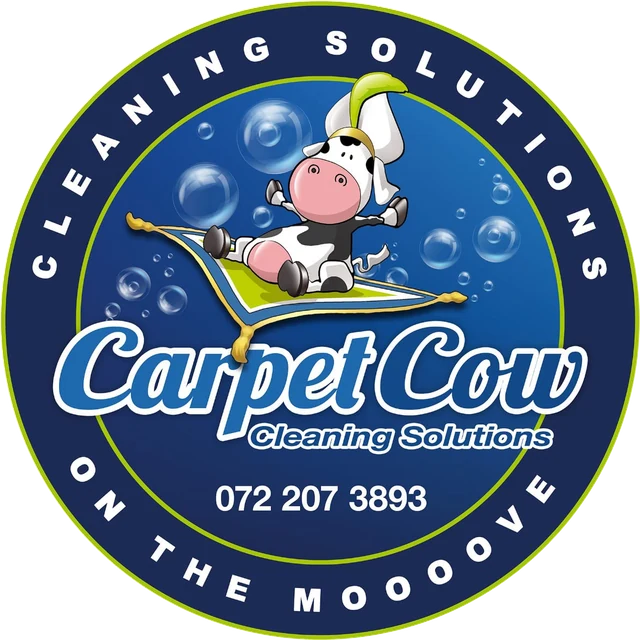 Carpet Cow Cleaning Solutions badge: the cow on a flying magic carpet