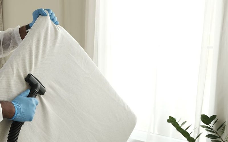 Mattress being deep cleaned with a vacuum upholstery tool
